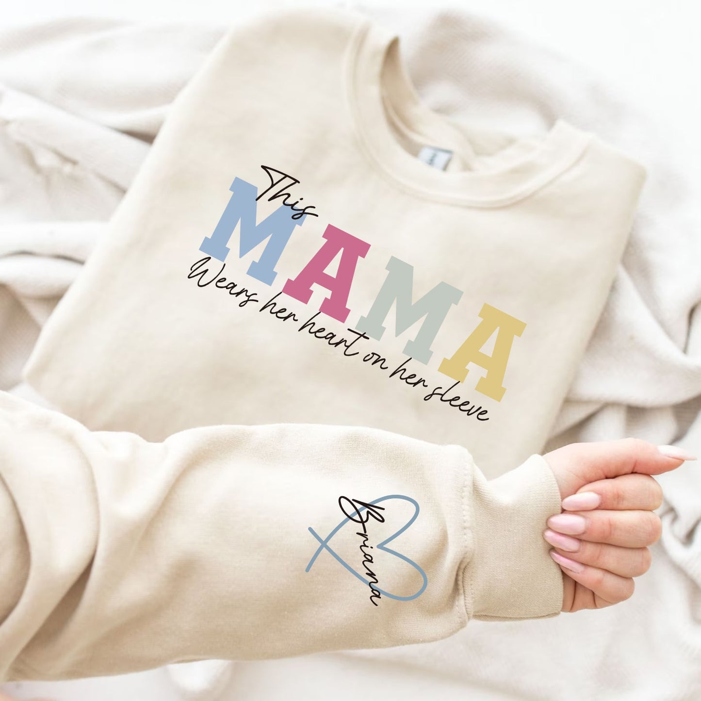 50% OFFđ„Personalized Mama Wears Her Heart On Her Sleeve Sweatshirt