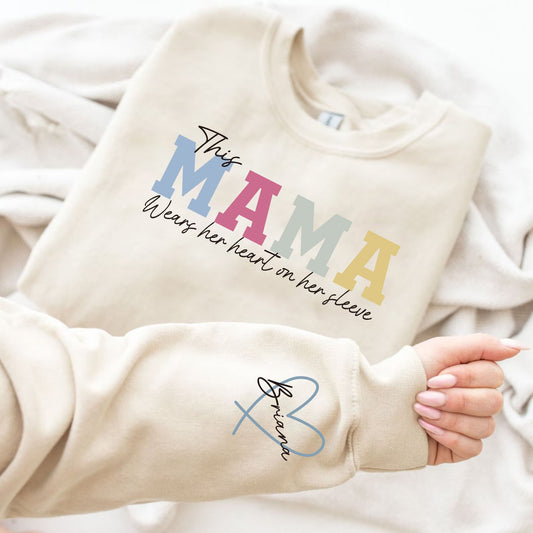 50% OFF🔥Personalized Mama Wears Her Heart On Her Sleeve Sweatshirt