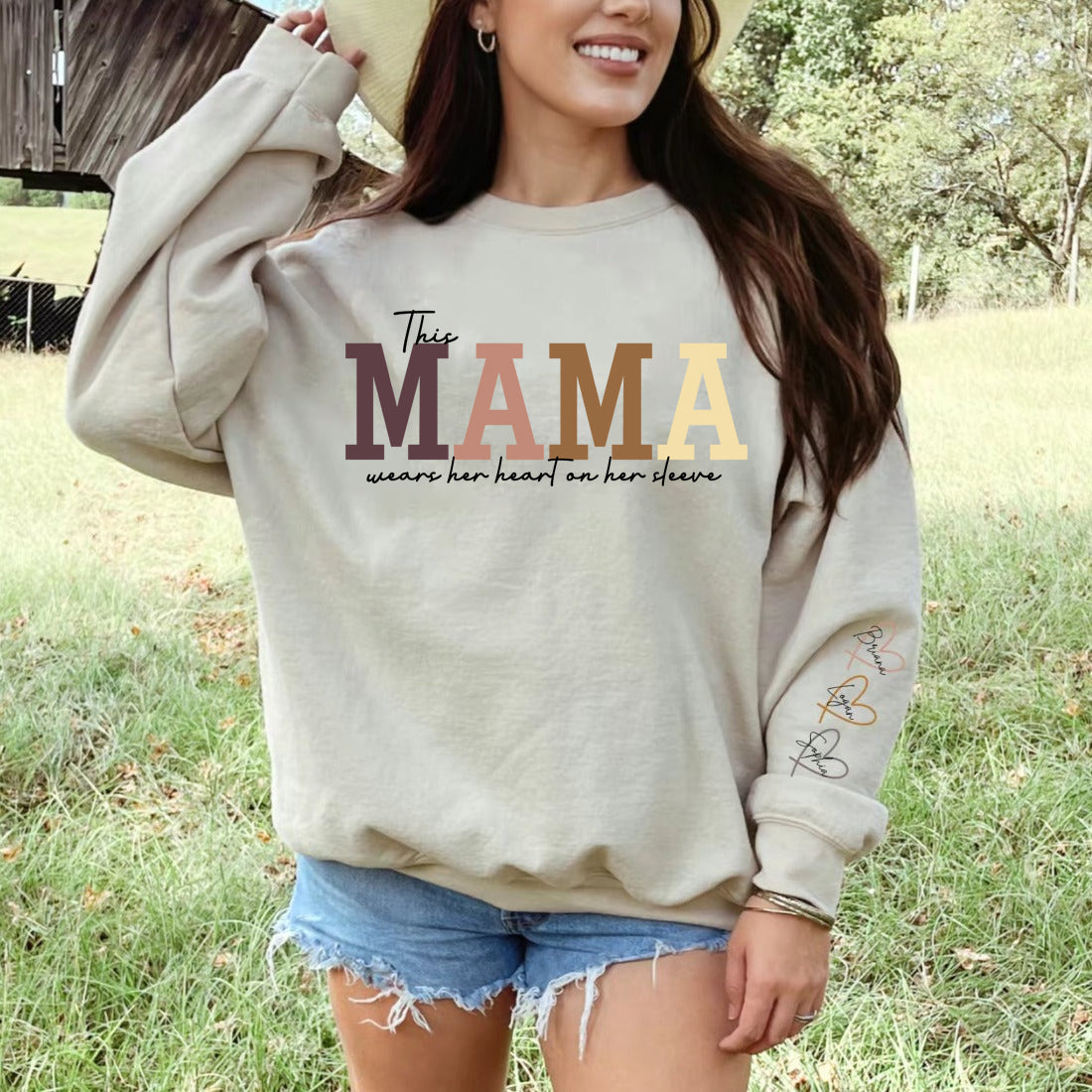 50% OFF🔥Personalized Mama Wears Her Heart On Her Sleeve Sweatshirt